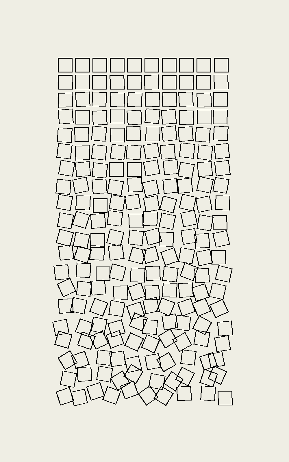 Square shapes placed in a grid with each row becoming more distorted